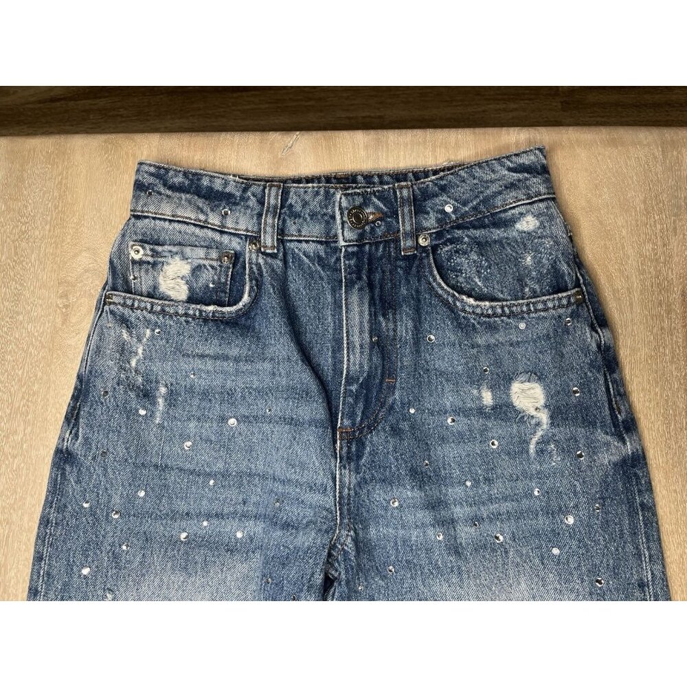 Maje High Waisted Jeans with Rhinestones Straight Leg Medium Wash Size 34 US XS - Picture 4 of 11